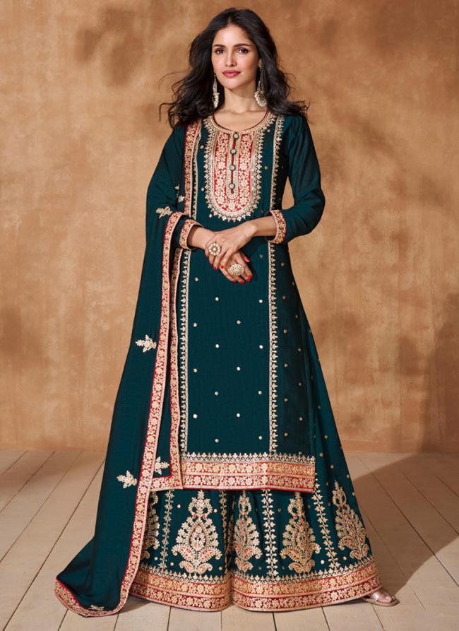 Silk Blue Wedding Wear Embroidery Work Readymade Sharara Suit